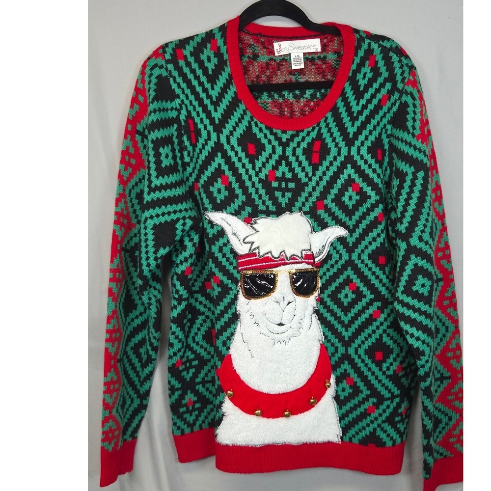 Jolly Sweaters Ugly Christmas Sweater Mens LG Red Green Llama Knit 3D Excellent